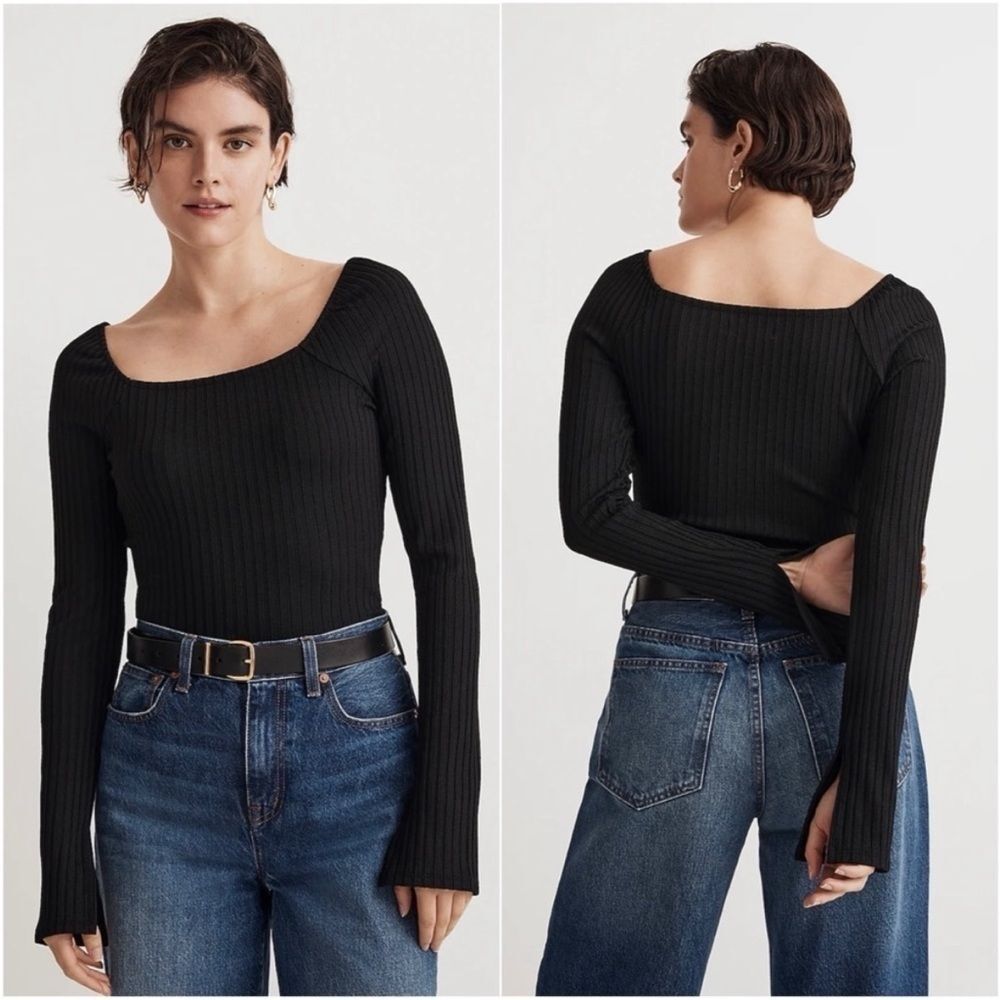 Madewell Black Ribbed Square-Neck Long-Sleeve Blouse Tee Size Small Date Night